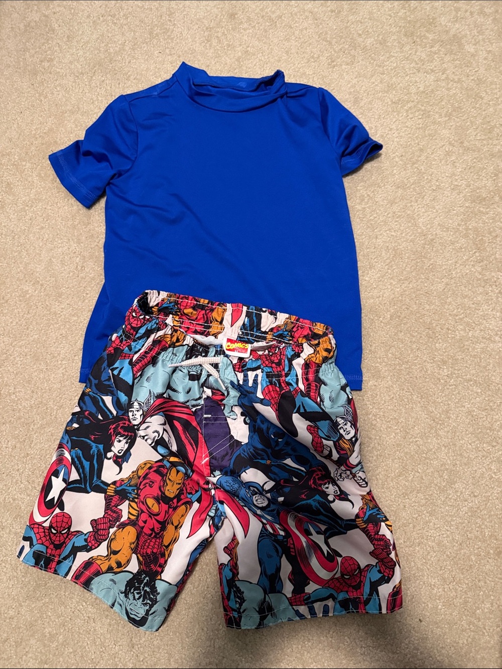 Blue Kids Rash Guard Top XS and Marvel Superhero Swim Shorts XS Set